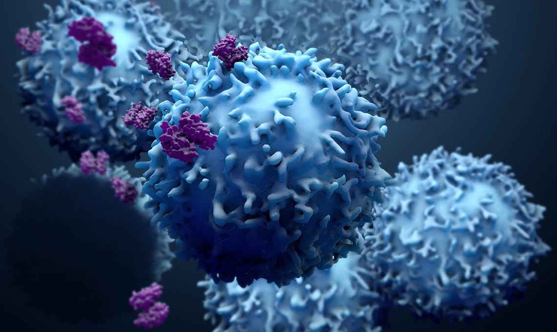 3d illustration proteins with lymphocytes , t cells or cancer cells